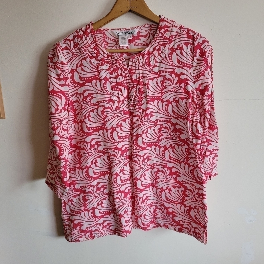 Vintage Winter Silks Silk Linen 3/4 Long Sleeve Blouse Pink Floral M Medium